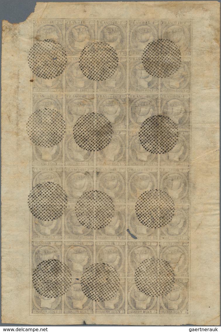 Philippinen: 1854, Isabel II, 1 Real Bluish Grey, Complete Sheet Of 40, Postmarked Circle Of Points. - Philippinen