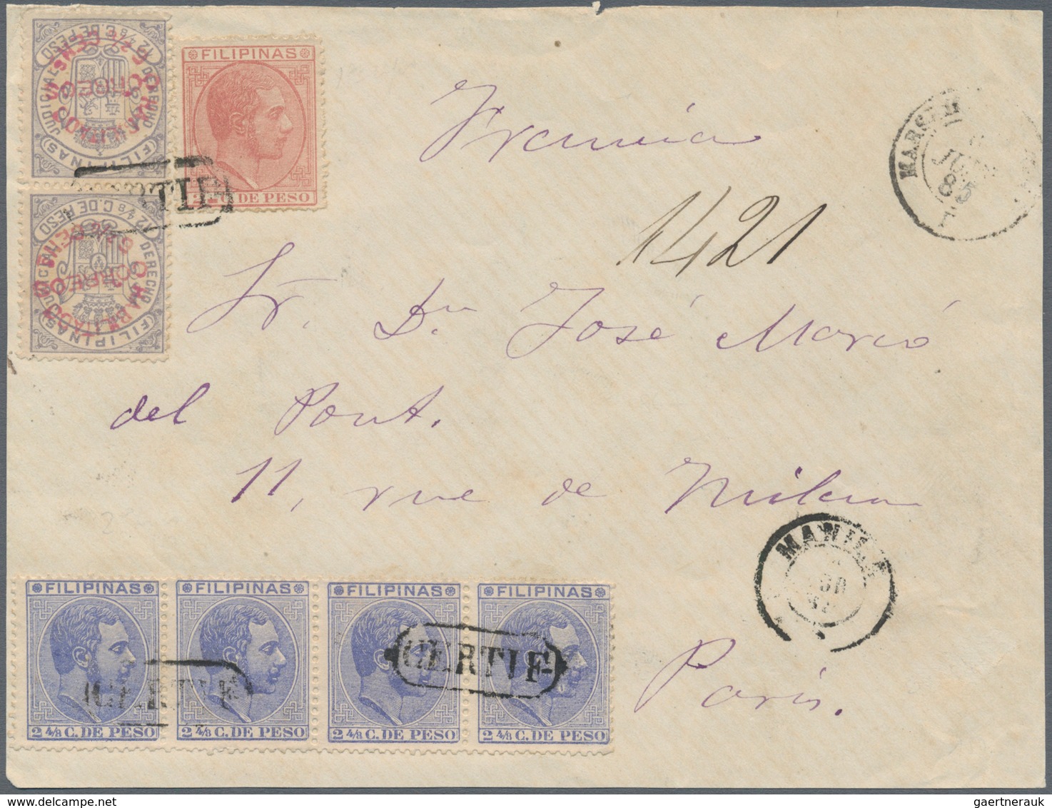 Philippinen: 1881/88, 2cts Rose, 2 4/8 Cts. Blue (horizontal Strip-4) And 6 2/8 Cens On 12 4/8 Grey - Philippinen