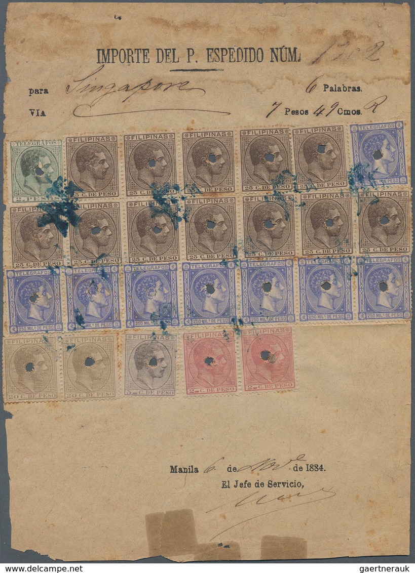 Philippinen: 1884, Telegram Form From MANILA With 6 Words To Singapore Franked With Total 26 Stamps - Philippines