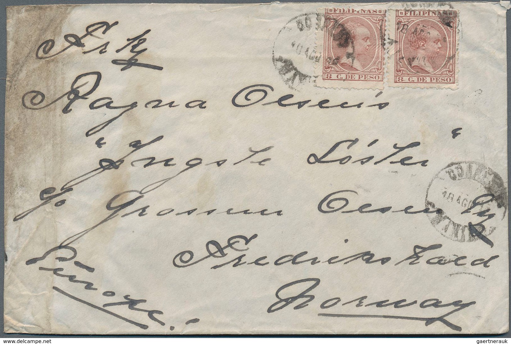 Philippinen: 1892, Pelon 8 C. (2) Tied "CORREOS MANILA 18 AGO 96" To Cover To Norway, Unusual Destin - Philippinen