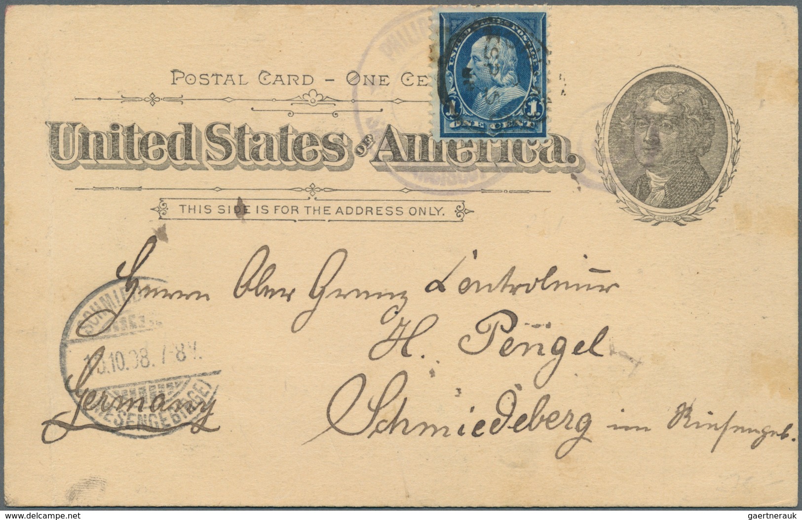 Philippinen: 1898, Card 1 C. Jefferson Uprated 1 C. Franklin Tied Duplex "PHILIPPINES STATION / SAN - Philippines