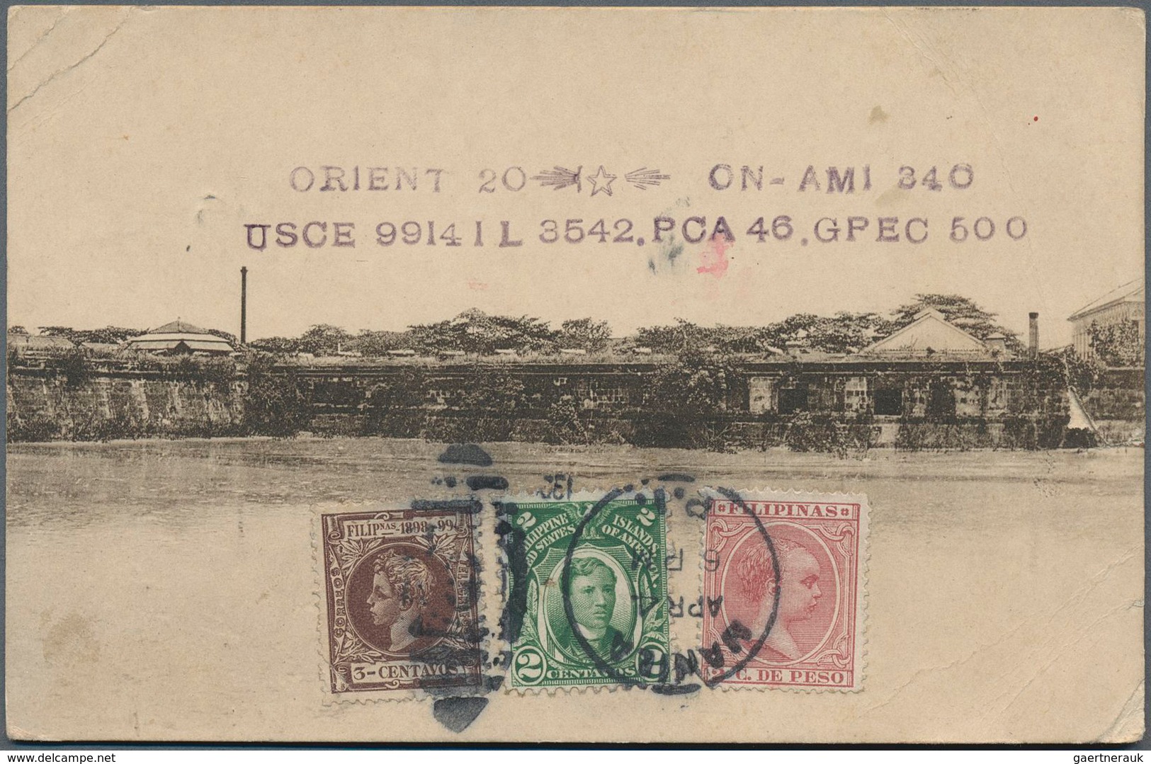 Philippinen: 1906 (ca.), 2 C. Green With Invalid Spanish Issues Pelon 2 C. And Cadete 3 C. Tied Dupl - Philippinen