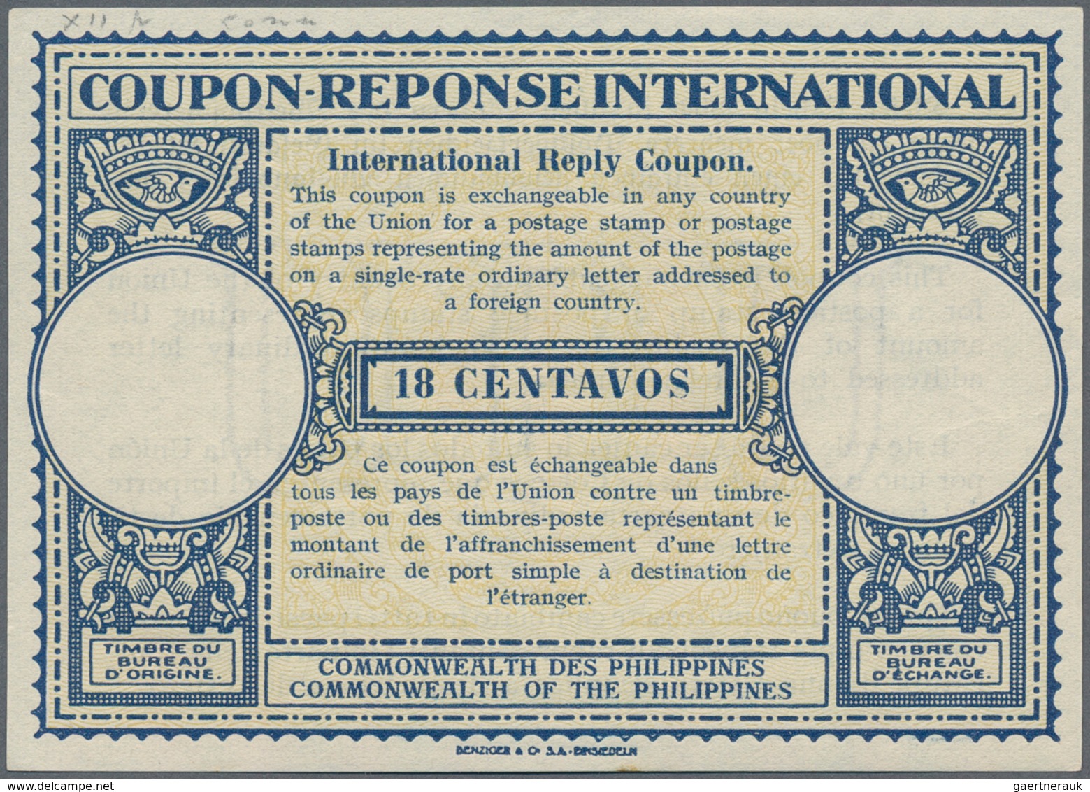 Philippinen: 1925 (ca.), IRC International Reply Coupon: 18 Ct., Unused Mint. - Philippinen