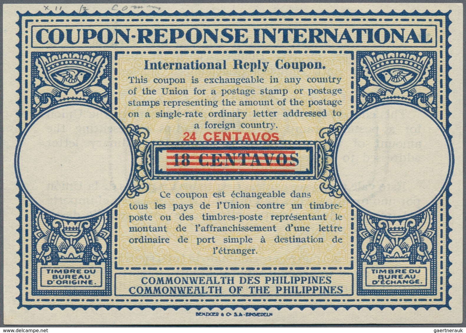 Philippinen: 1930 (ca.), IRC International Reply Coupon: 24 Ct./18 Ct., Unused Mint. - Philippines