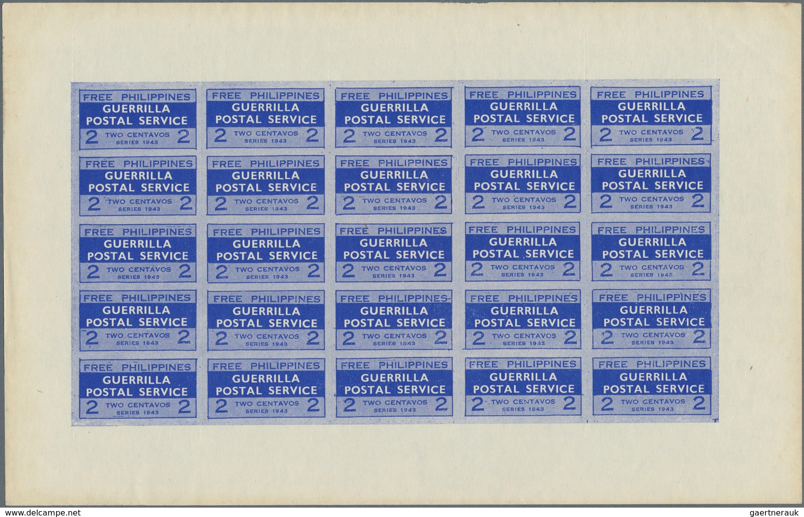 Philippinen: 1943, 2c. Blue "Free Philippines Guerrilla Postal Service", Complete Sheet Of 25 Stamps - Philippines