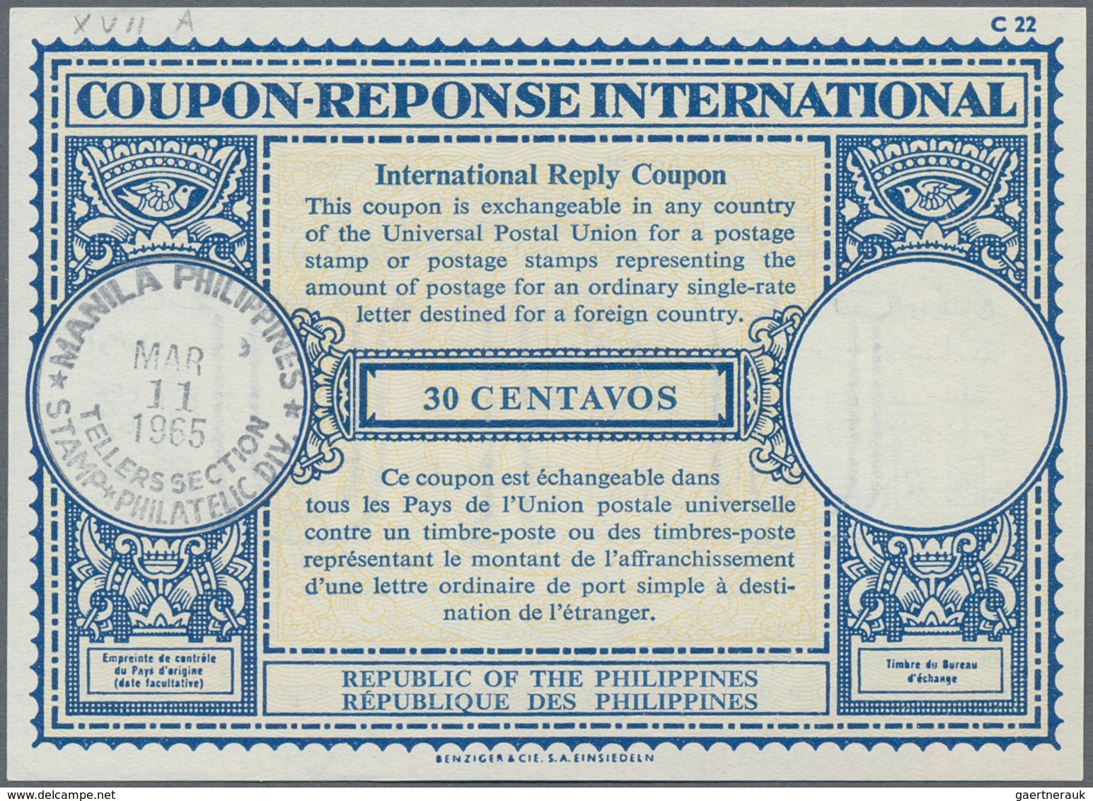 Philippinen: 1965/75, 1930 (ca.), IRC International Reply Coupons: 24 Ct And 30 Ct., Used. - Philippines