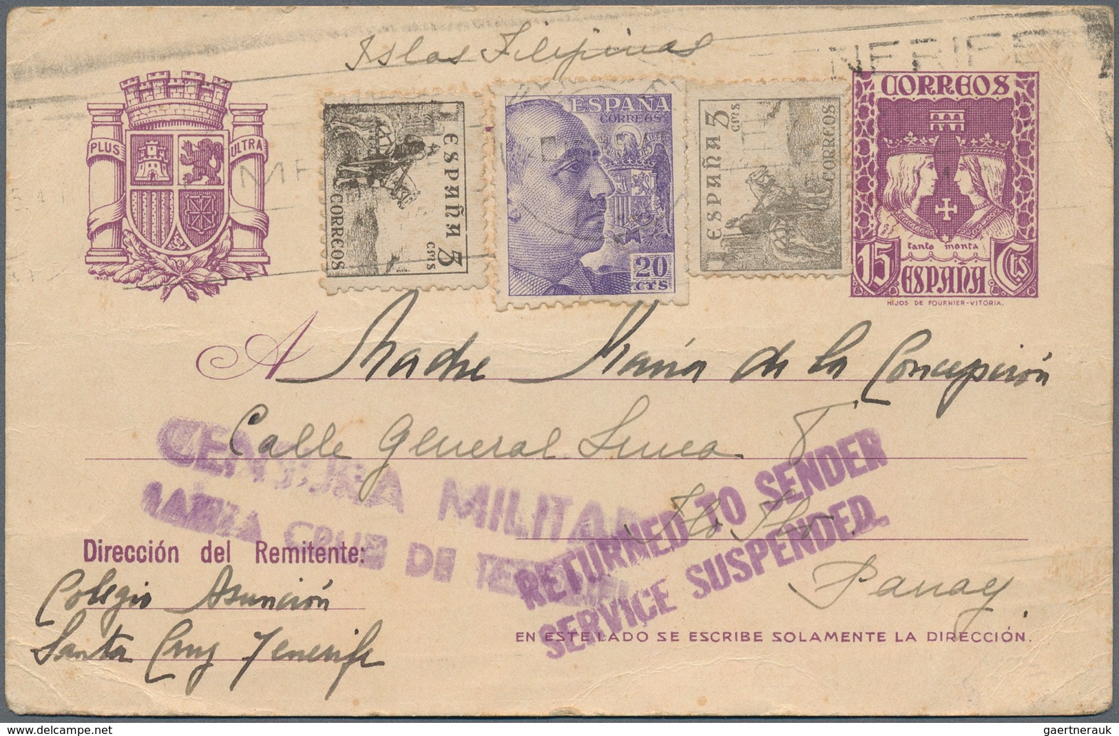 Philippinen - Ganzsachen: 1945, Spain Postal Stationery Card 15 C. Violett Upgraded With SG 878, 5c - Philippines