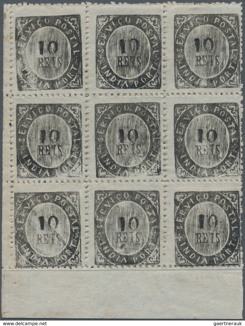 Portugiesisch-Indien: 1873, Type IA And IB, 1 10 R. Black, A Bottom Margin Block-9 (3x3), Consisitin - Inde Portugaise