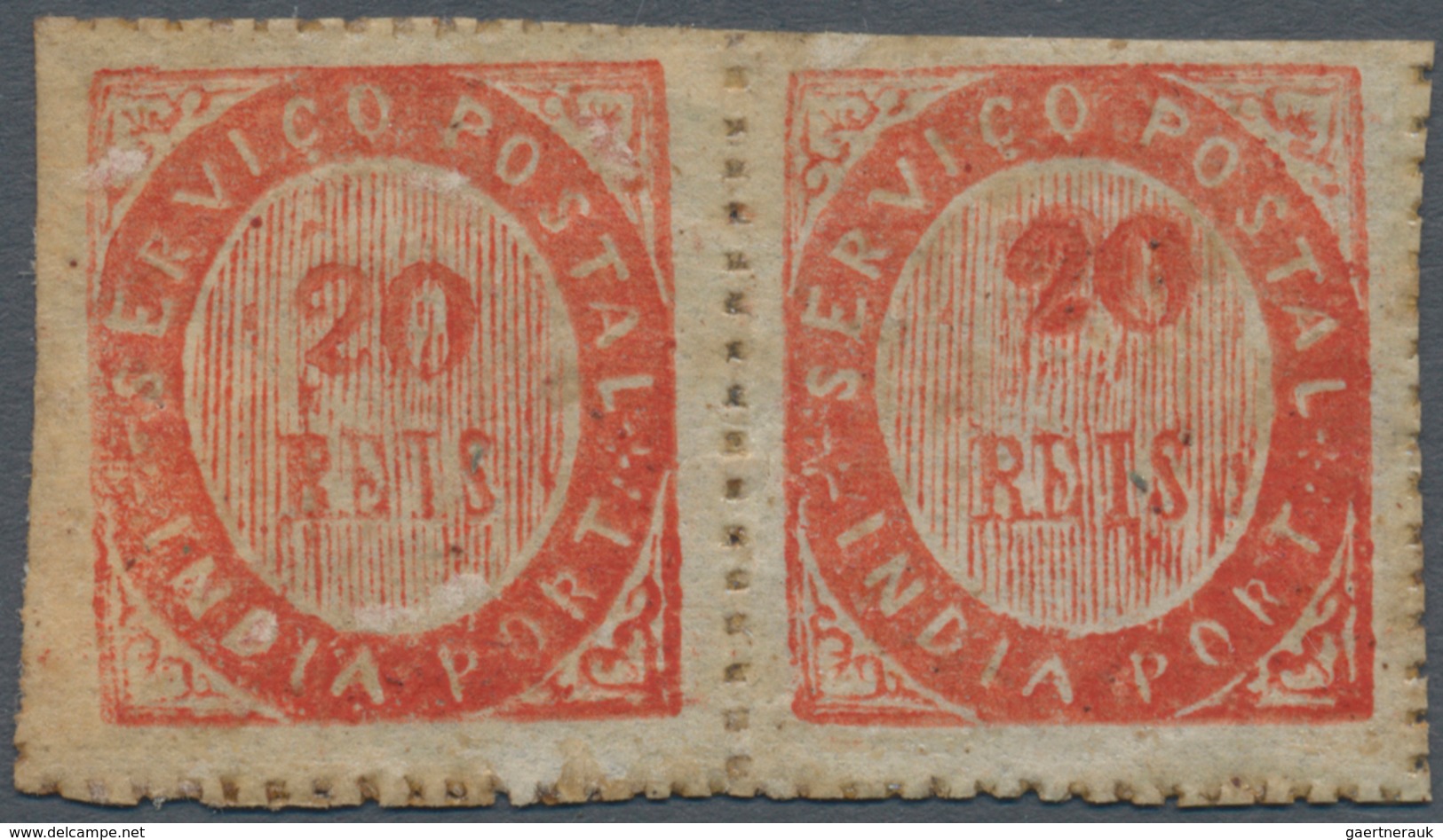 Portugiesisch-Indien: 1873, Type I 20 R. Vermilion, A Horizontal Pair, Right Stamp With Double Impre - Portugiesisch-Indien