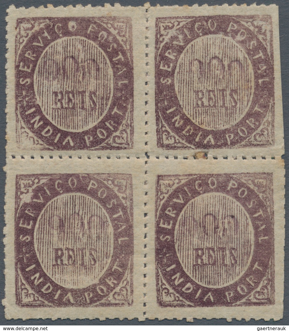 Portugiesisch-Indien: 1873, Type IA, 900 R. Dark Violet, A Block Of Four, 1 Double Impression Of Val - Portugiesisch-Indien