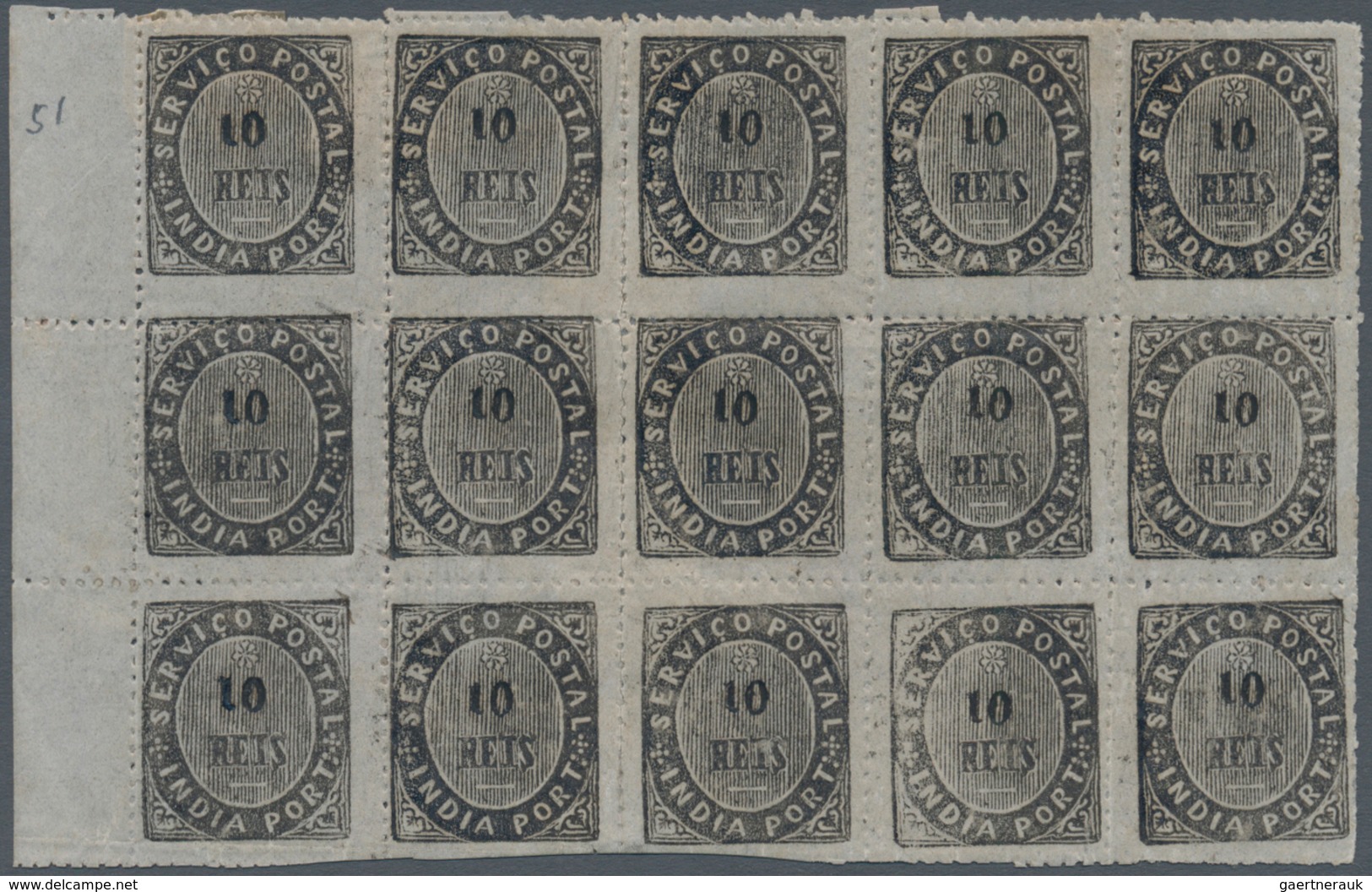 Portugiesisch-Indien: 1877, Type II, 10 R. Black, A Left Margin Block Of 15 (5x3), Unused Mounted Mi - Portugiesisch-Indien