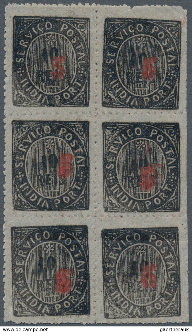 Portugiesisch-Indien: 1881, Local Surcharge A, 5 Rs./10 R.black Type III, A Block Of Six (2x3) Unuse - Portugiesisch-Indien