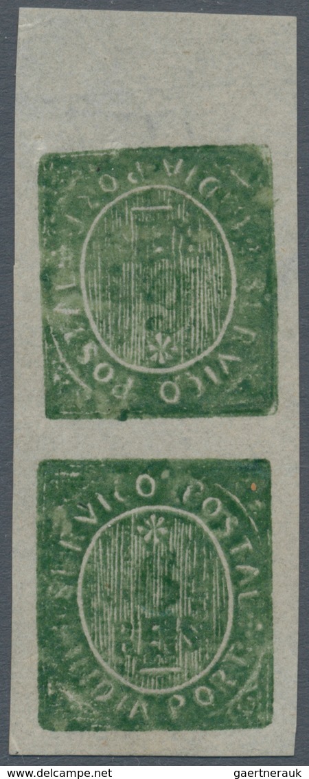 Portugiesisch-Indien: 1883, Local Currency 6 R. Green Type IIID, Vertical Tete Beche Top Margin Pair - Inde Portugaise