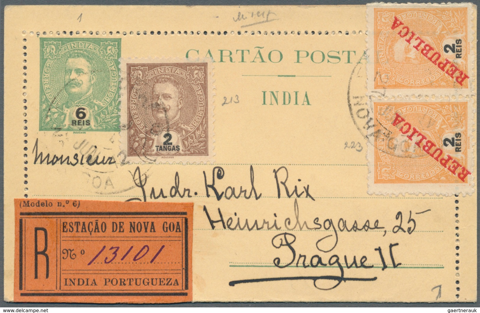 Portugiesisch-Indien: 1912/13, Two Letter Cards Registered To Prague/Bohemia: 6 Rs. Uprated 2 T. (no - Inde Portugaise