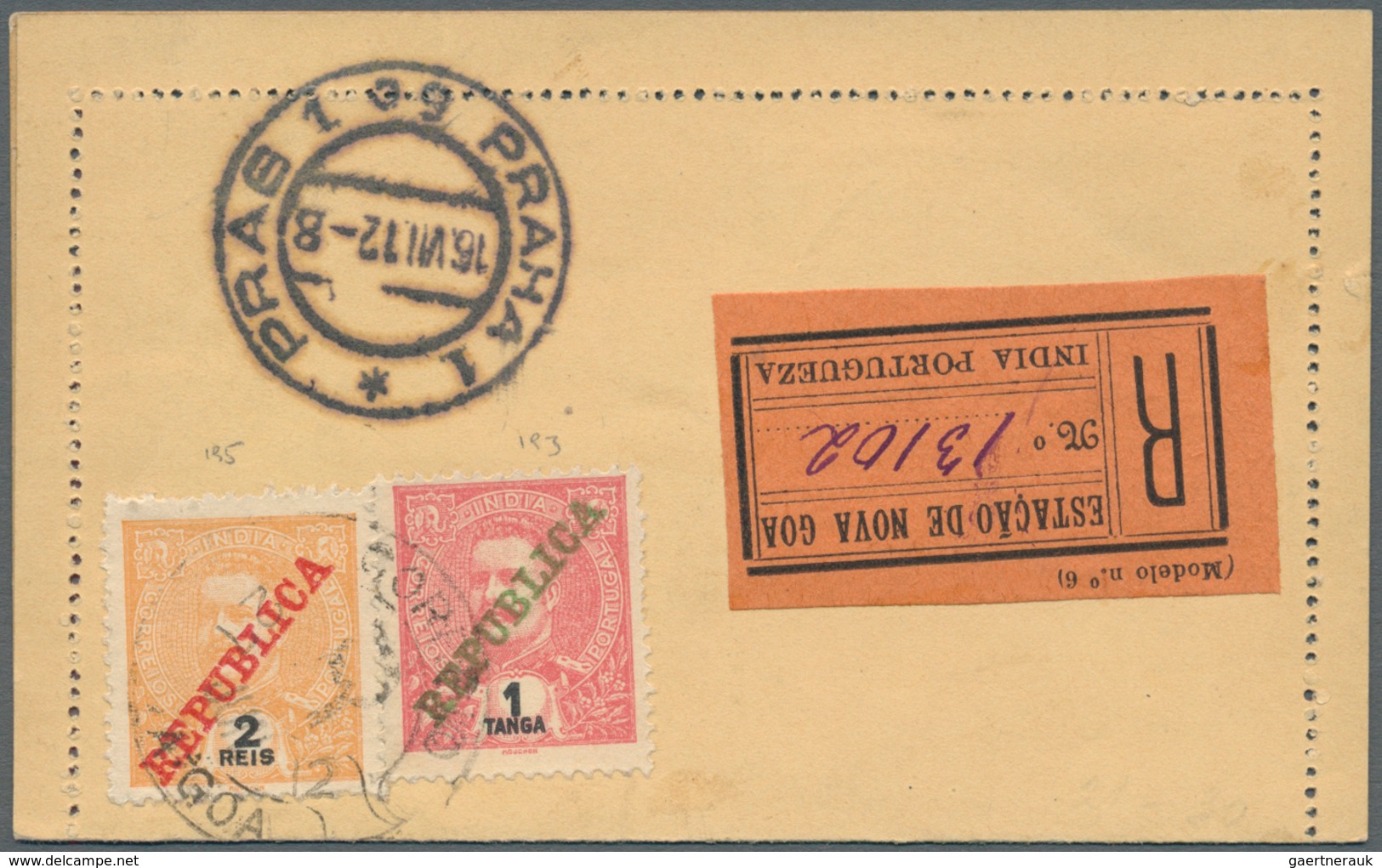 Portugiesisch-Indien: 1912/13, Two Letter Cards Registered To Prague/Bohemia: 6 Rs. Uprated 2 T. (no - Inde Portugaise