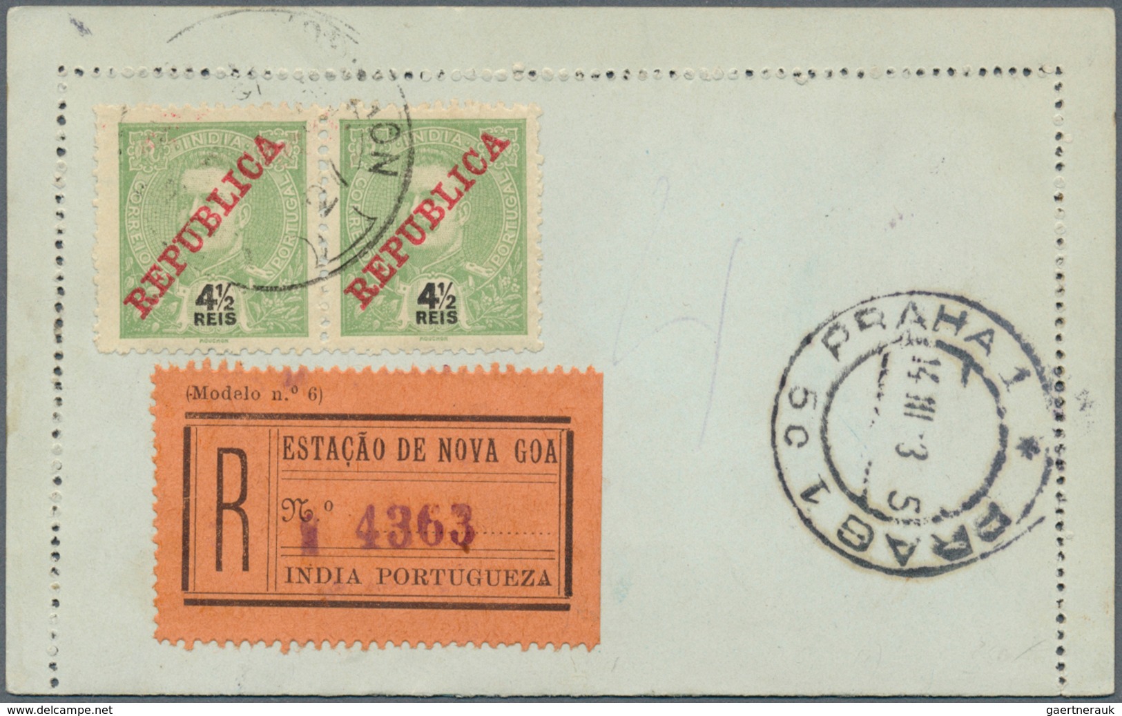 Portugiesisch-Indien: 1912/13, Two Letter Cards Registered To Prague/Bohemia:  2 1/2 T. Uprated 9 Rs - Inde Portugaise