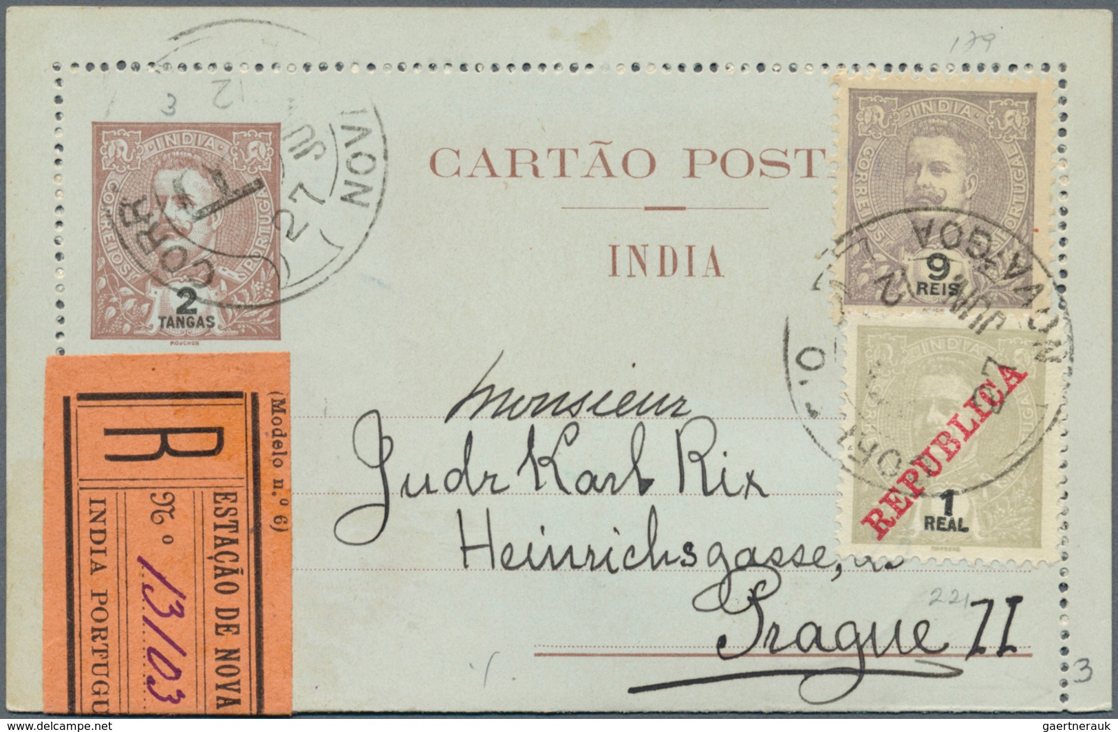 Portugiesisch-Indien: 1912/13, Two Letter Cards Registered To Prague/Bohemia:  2 1/2 T. Uprated 9 Rs - Inde Portugaise