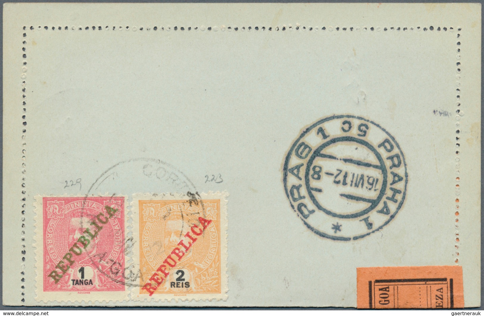 Portugiesisch-Indien: 1912/13, Two Letter Cards Registered To Prague/Bohemia:  2 1/2 T. Uprated 9 Rs - Inde Portugaise