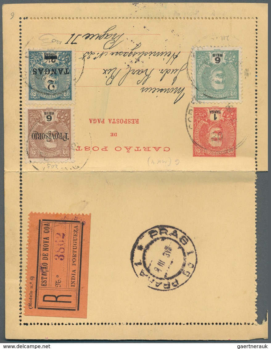 Portugiesisch-Indien: 1912/13, Two Letter Cards With Paid Reply Registered To Prague/Bohemia: 6 Rs. - Inde Portugaise