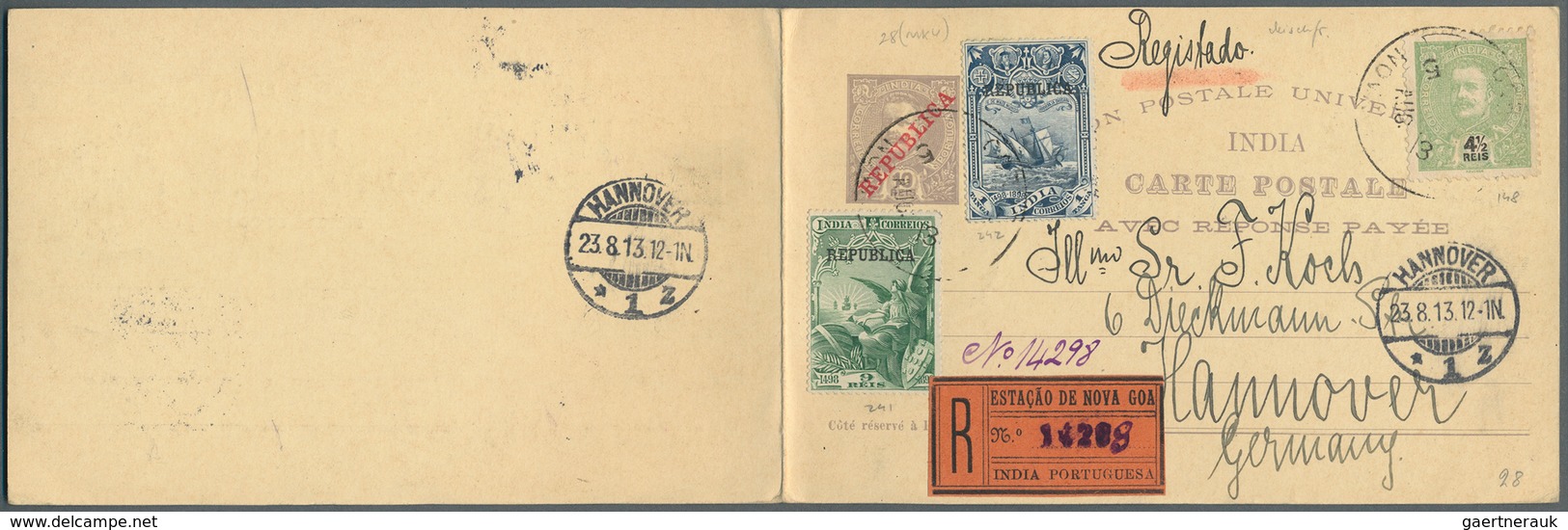Portugiesisch-Indien: 1913, Double Card 10 R. Uprated 4 1/2 R. (no Ovpt.) And 9 R., 1 T. Canc. "NOVA - Inde Portugaise