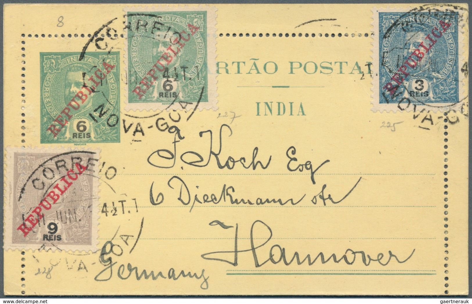 Portugiesisch-Indien: 1913, Letter Cards 6 R. Resp. 1 T. Uprated To Germany Canc. "NOVA GOA 11 JUN. - Portugiesisch-Indien