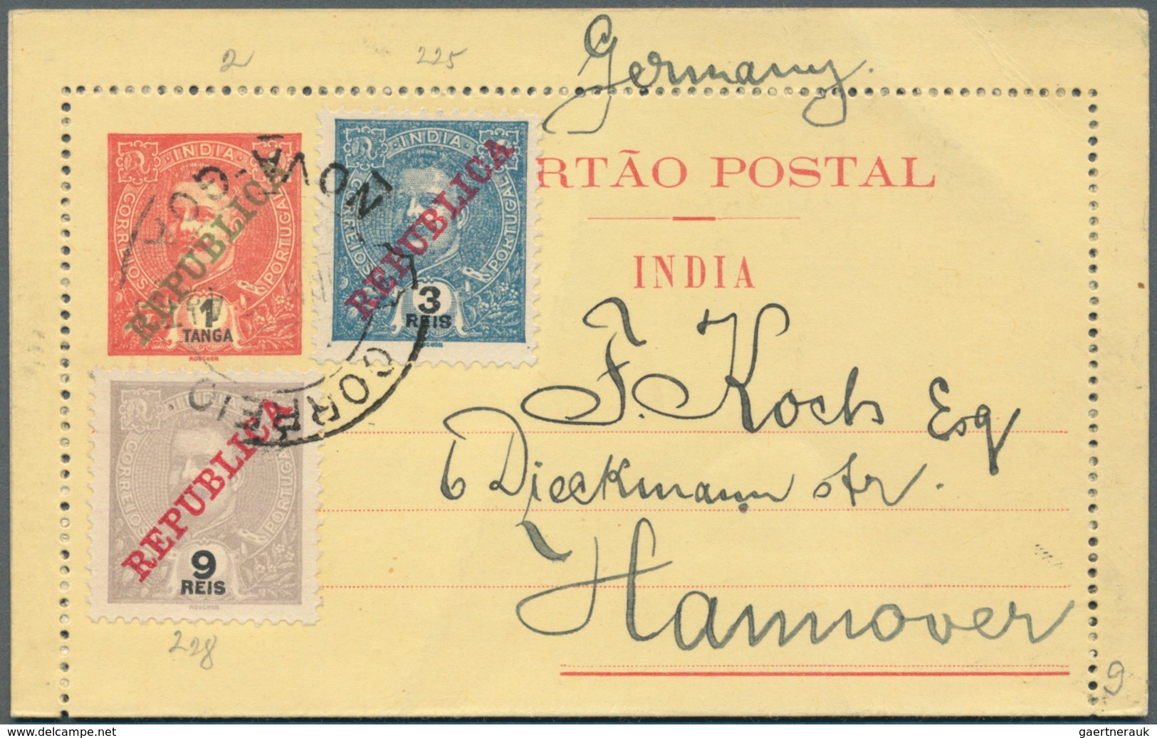 Portugiesisch-Indien: 1913, Letter Cards 6 R. Resp. 1 T. Uprated To Germany Canc. "NOVA GOA 11 JUN. - Inde Portugaise