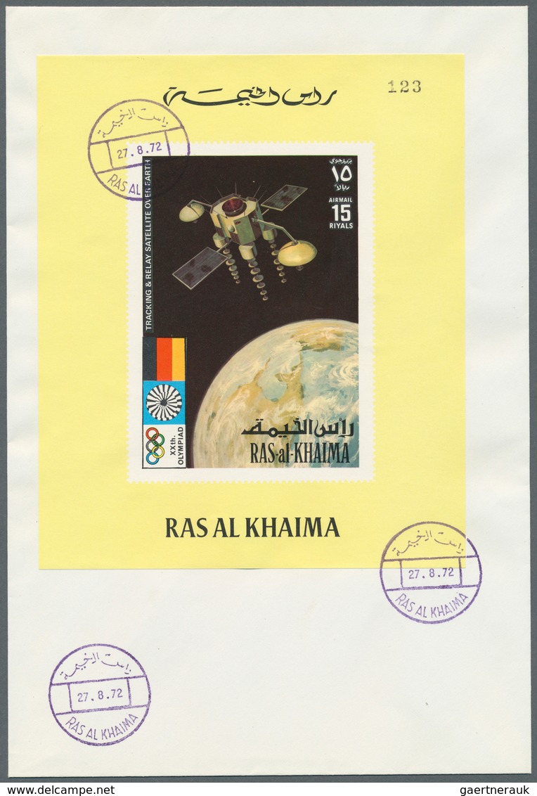 Ras Al Khaima: 1972, 15r. "INTELSAT", Perf. And Imperf. Stamp Plus Two Different DE LUXE SHEETS (whi - Ras Al-Khaimah