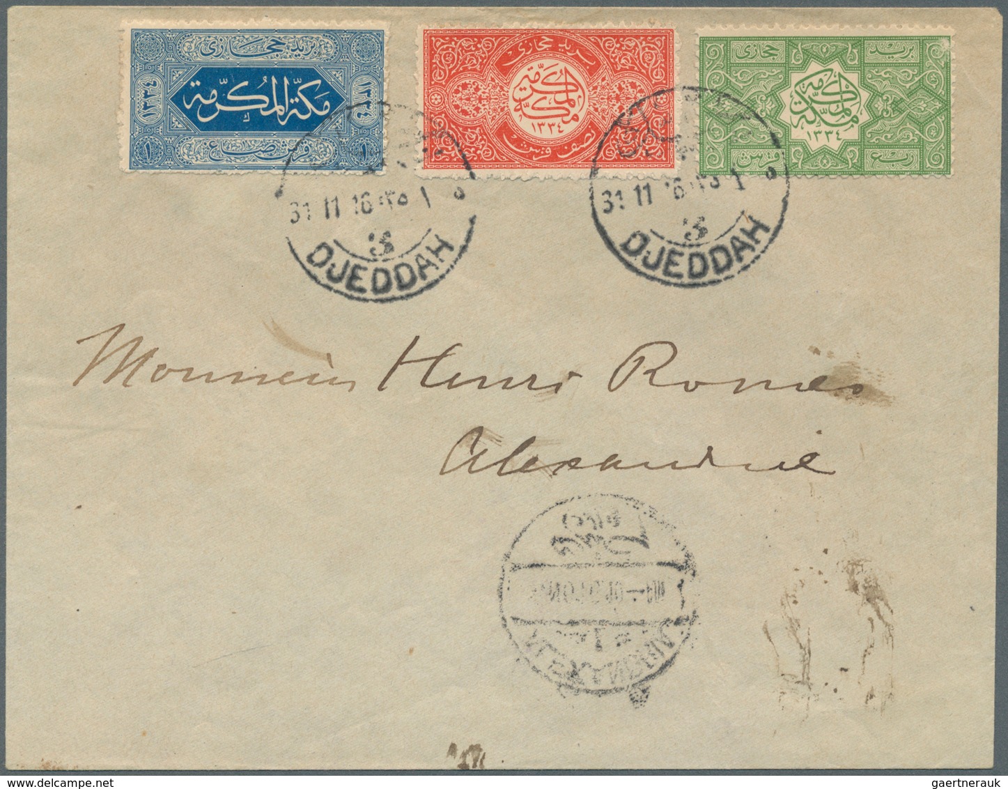 Saudi-Arabien - Hedschas: 1916, 1/2 Pia-1Pia Cpl. Set Tied "DJEDDAH 31.II.16" To Cover To Alexandria - Arabie Saoudite