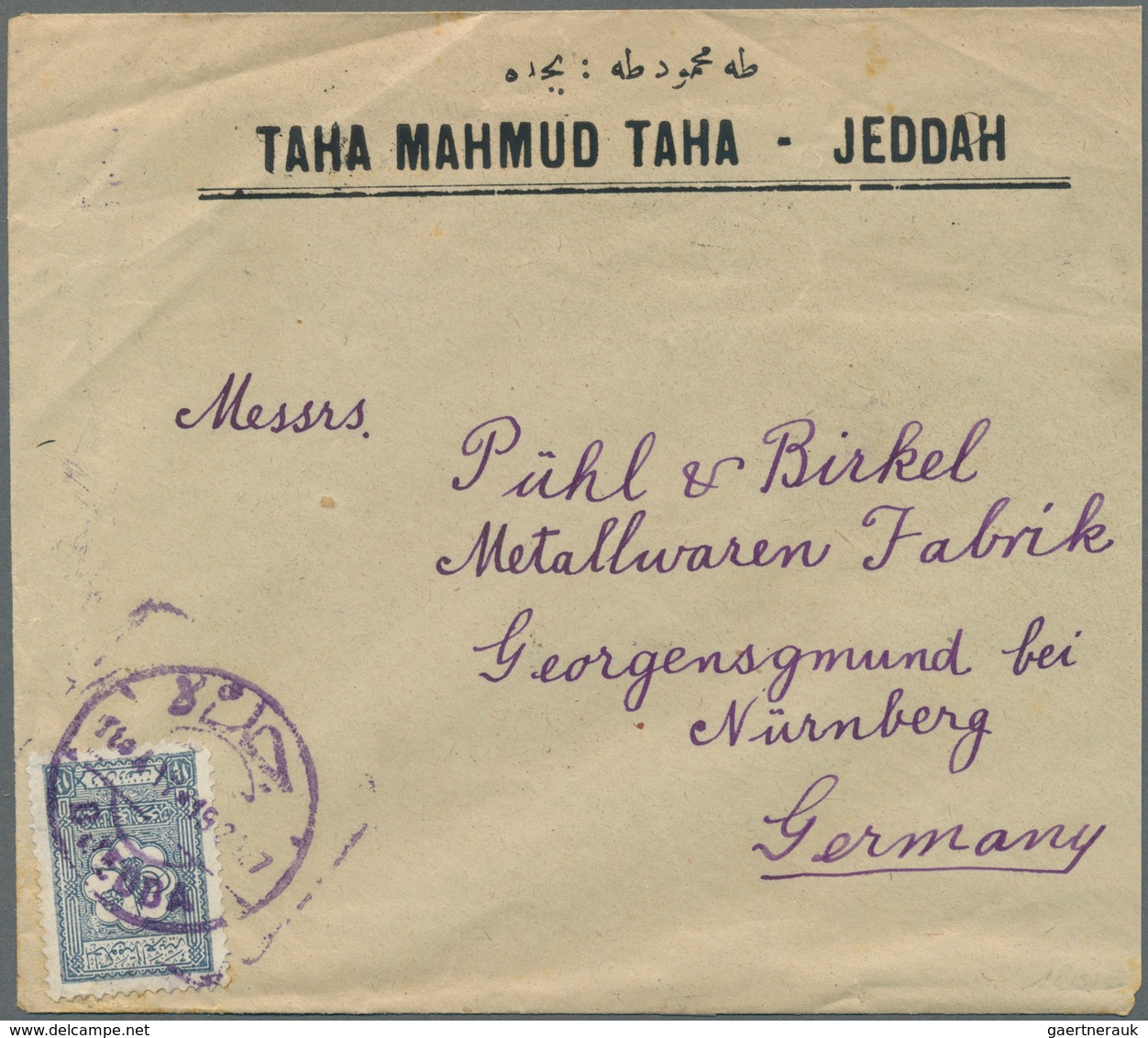 Saudi-Arabien - Nedschd: 1927, 1 1/2 G. Greyish Blue Tied Violet "DJEDDA 19 2 27" To Cover To Nuremb - Arabie Saoudite