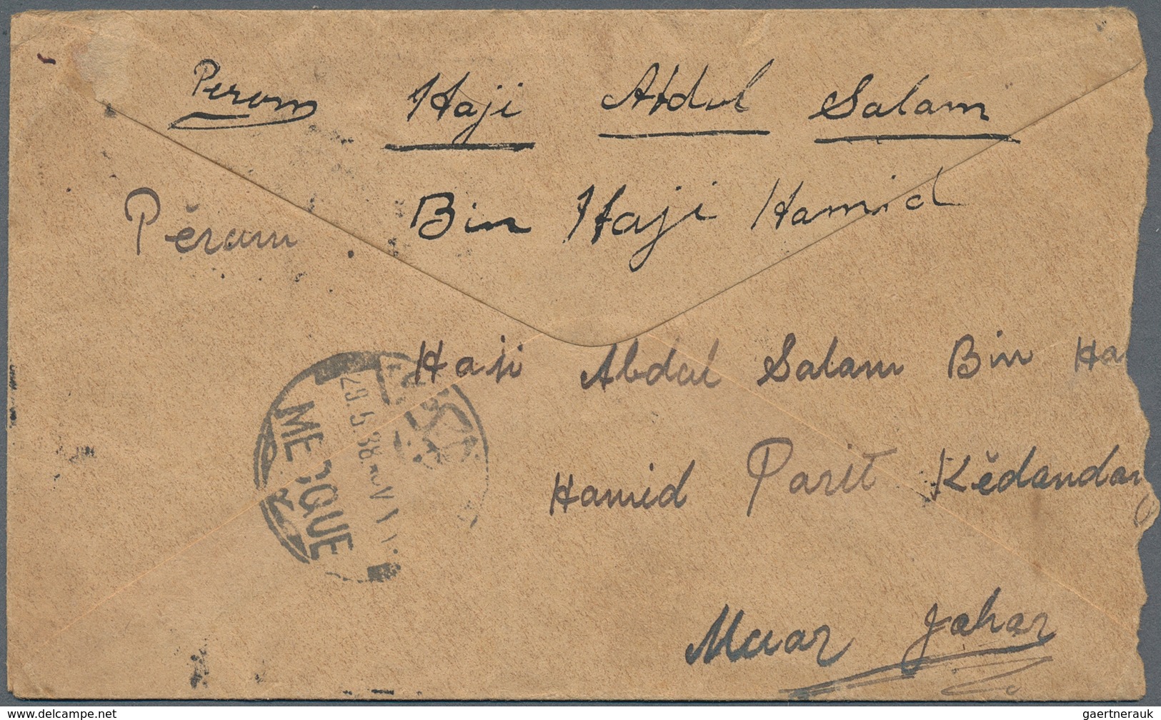 Saudi-Arabien: 1938, INCOMING MAIL: Johore, 12 C Dull Purple And Blue, Single Franking On Cover From - Saudi-Arabien