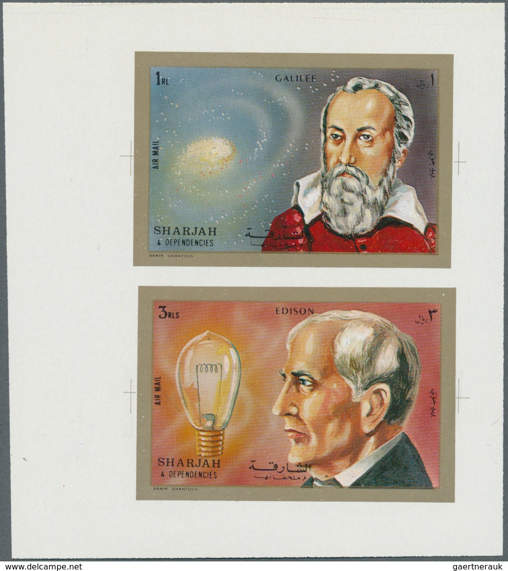 Schardscha / Sharjah: 1972, Scientists Galilei 1r. And Edison 3r. Printed Together In Sheet Form In - Schardscha