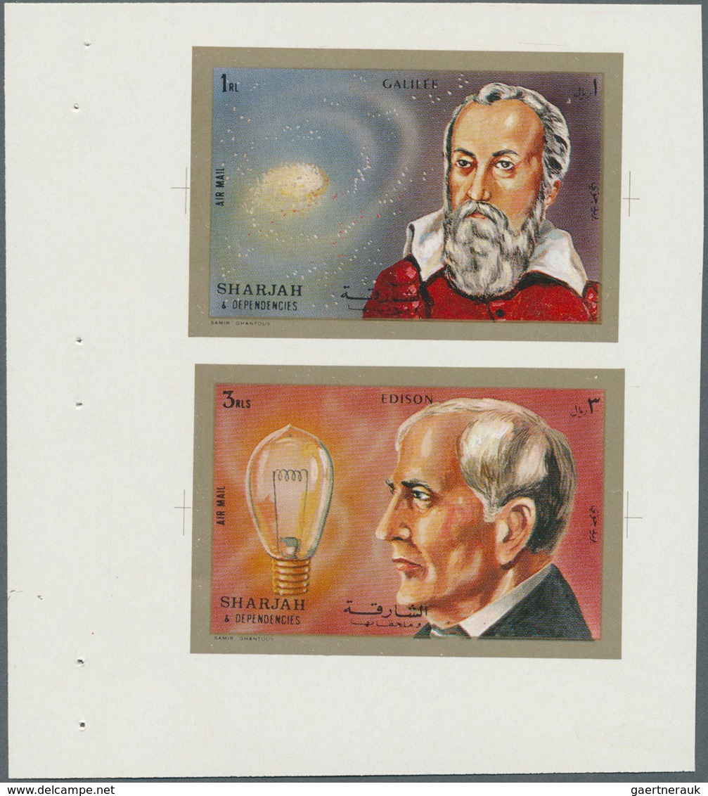 Schardscha / Sharjah: 1972, Scientists Galilei 1r. and Edison 3r. printed together in sheet form in