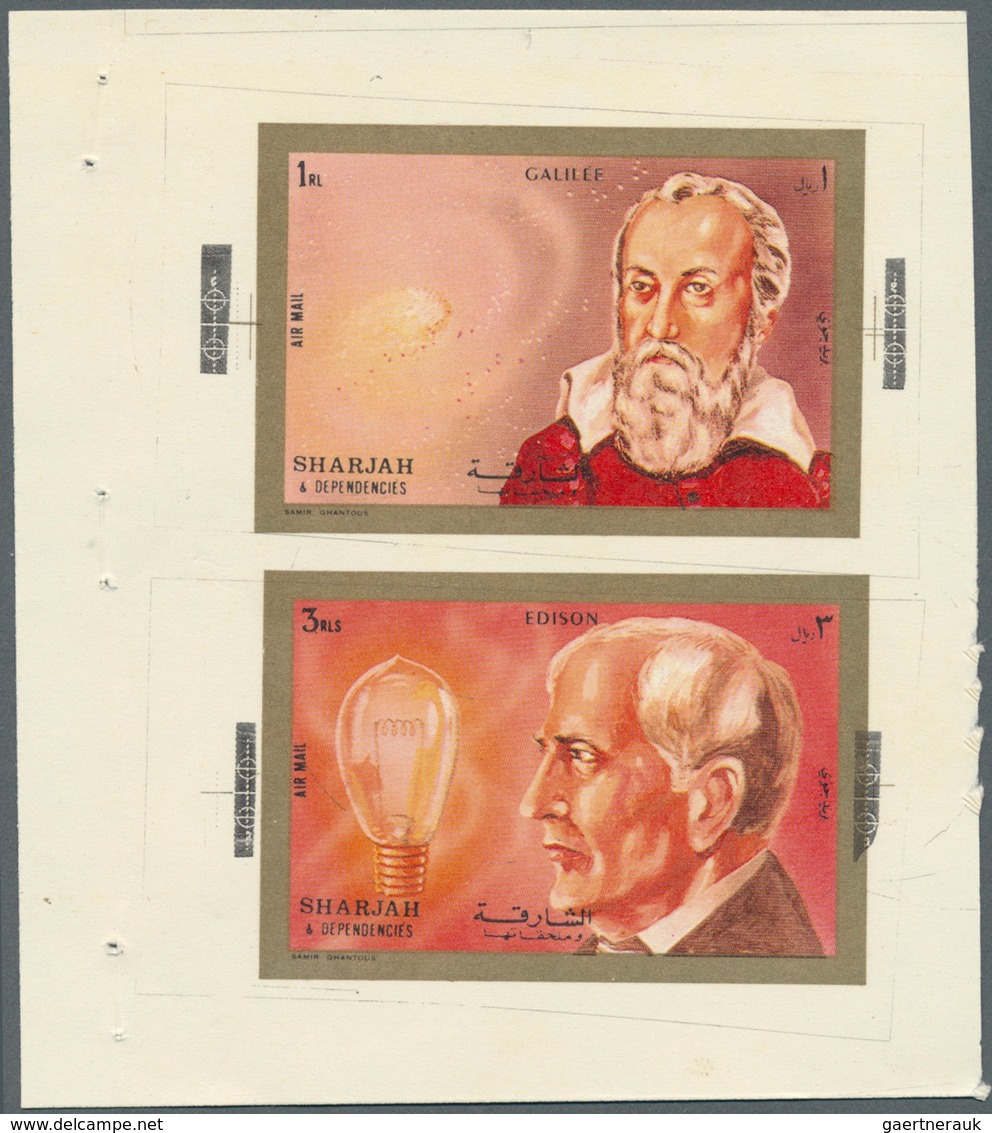 Schardscha / Sharjah: 1972, Scientists Galilei 1r. and Edison 3r. printed together in sheet form in