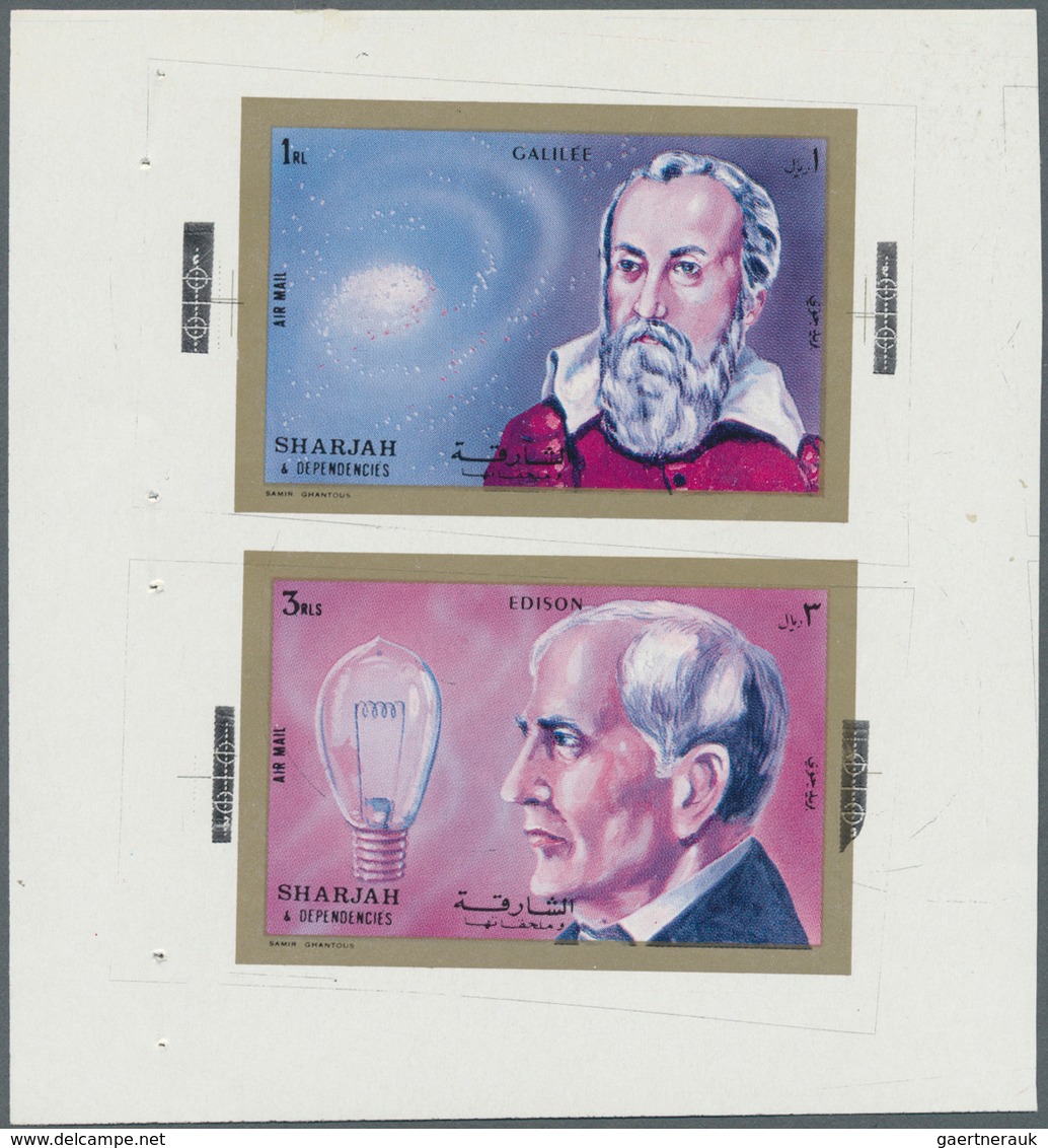 Schardscha / Sharjah: 1972, Scientists Galilei 1r. and Edison 3r. printed together in sheet form in