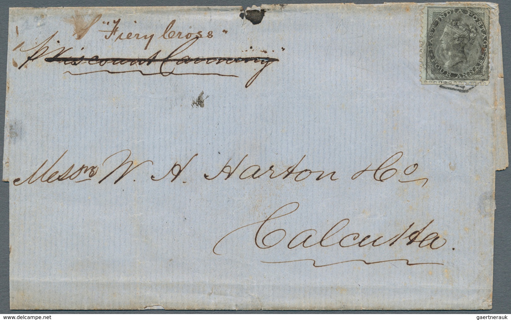 Singapur: 1859. Envelope Addressed To Calcutta Bearing India SG 46. 4a Black Tied By "B/172" Obliter - Singapour (...-1959)