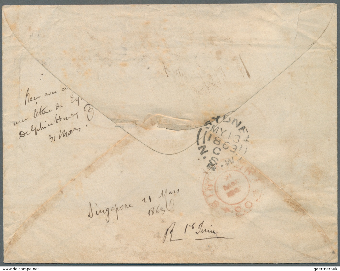 Singapur: 1863. Envelope Addressed To Fort De France, New Caledonia Bearing India SG 46, 4a Grey-bla - Singapour (...-1959)