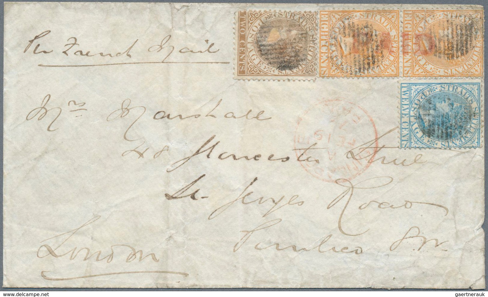 Singapur: 1874 Cover From Singapore To London Franked By Straits 1867 2c. Brown, 8c. Orange Vertical - Singapour (...-1959)