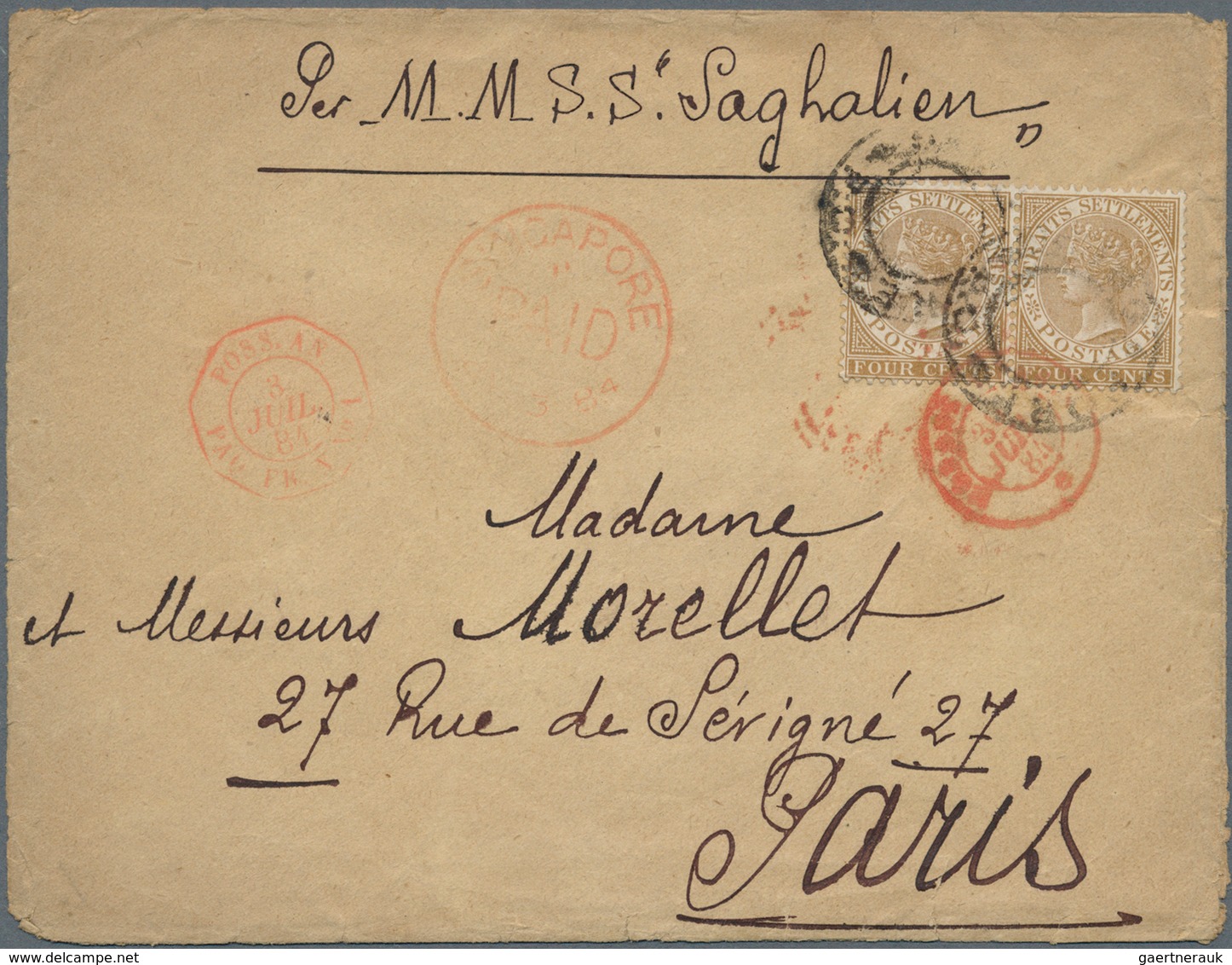 Singapur: 1884 Cover From Singapore To Paris 'Per M.M.S.S. "Saghalien", Franked By Straits Settlemen - Singapur (...-1959)