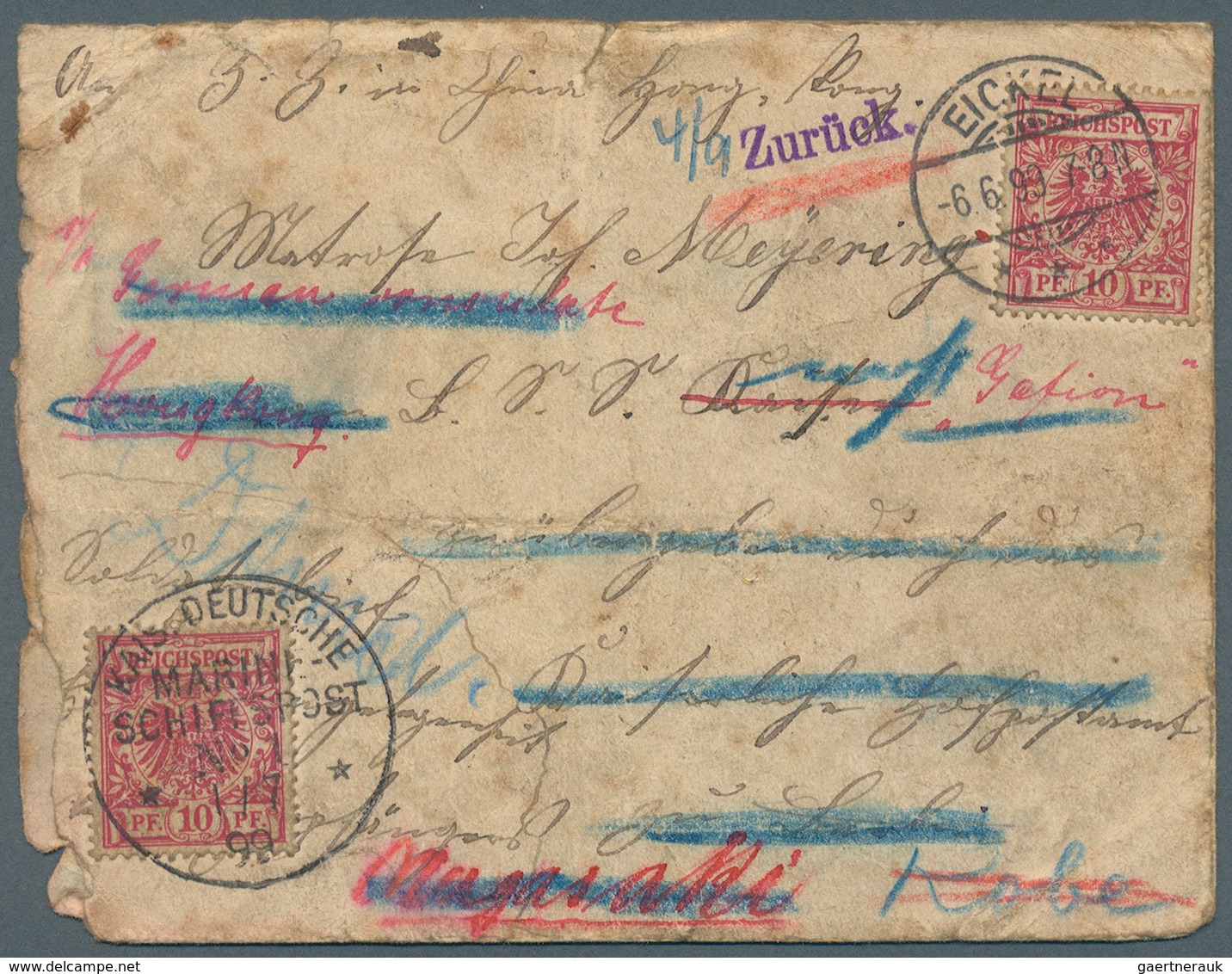 Singapur: 1899, Incoming Mail, Germany 10 Pf. „Eickel 6.6.99” On Cover Adressed To Navy Ship Unit Vi - Singapour (...-1959)