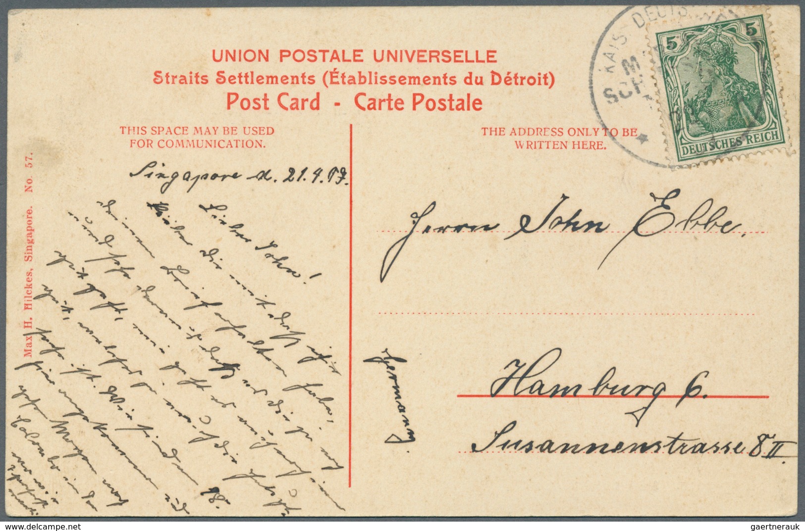 Singapur: 1907, Germany 5 Pf. Tied "Imp. German Navy Mails No. 43 22 9 07" To Ppc (Singapore South B - Singapur (...-1959)