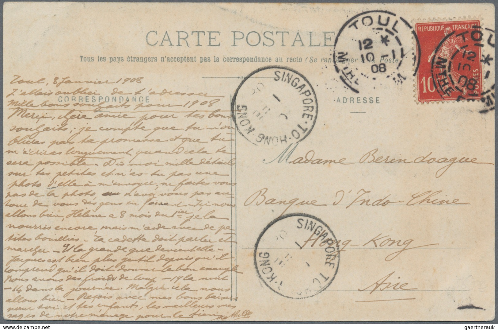 Singapur: 1908, "SINGAPORE TO HONG KONG C 1 FE 08", Marine Sorter On Ppc From France "TOUL 10-1-08" - Singapour (...-1959)