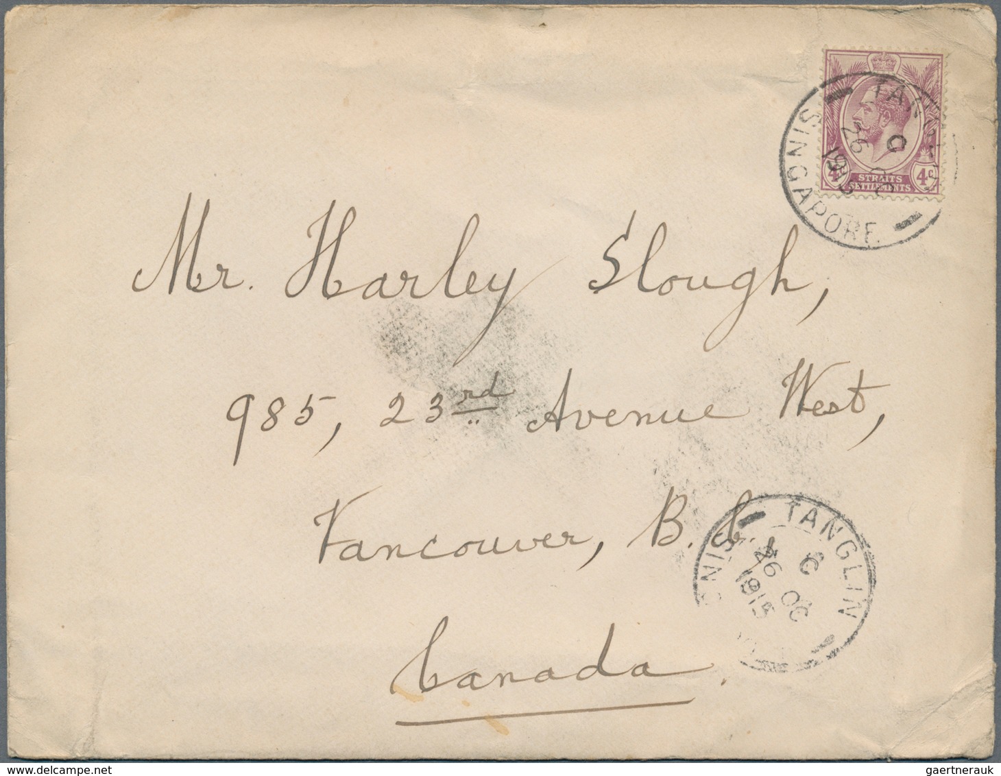 Singapur: 1915, TANGLIN: Straits Settlements KGV 4c. Violet Single Use On Cover With Double-circle ' - Singapour (...-1959)