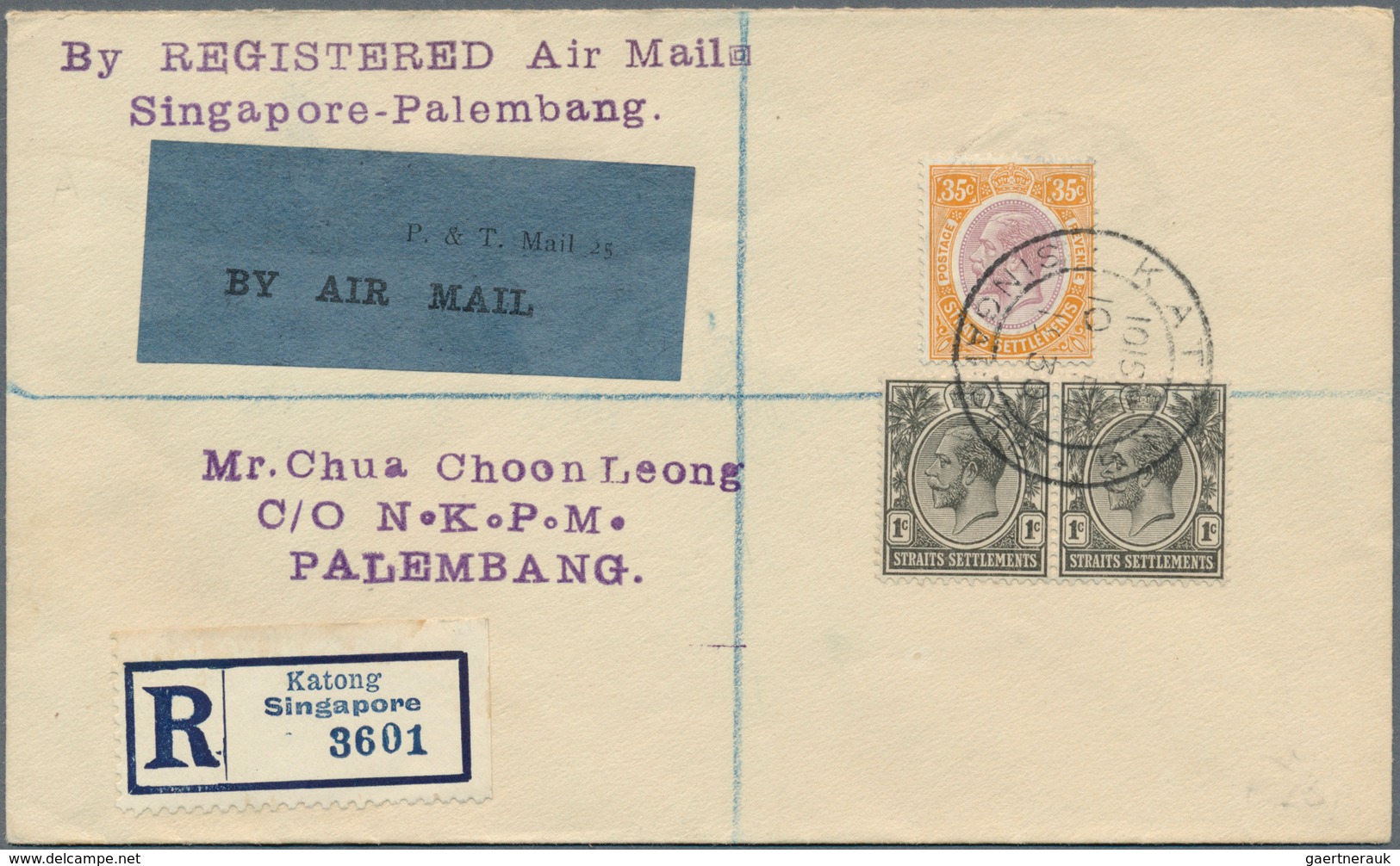 Singapur: 1930 (10.2.), Registered Airmail Cover 'Singapore-Palembang' Bearing Straits Settlements K - Singapur (...-1959)