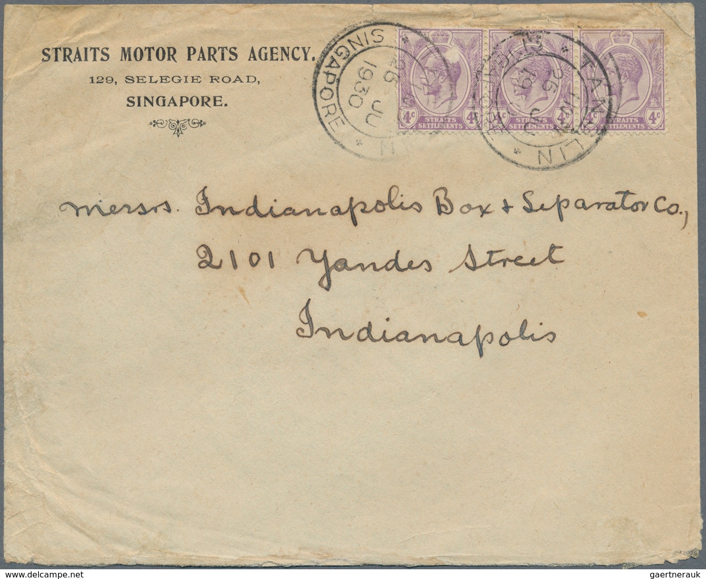 Singapur: 1930, TANGLIN: Straits Settlements KGV 4c. Violet Strip/3 On Advert. Cover (Straits Motor - Singapour (...-1959)