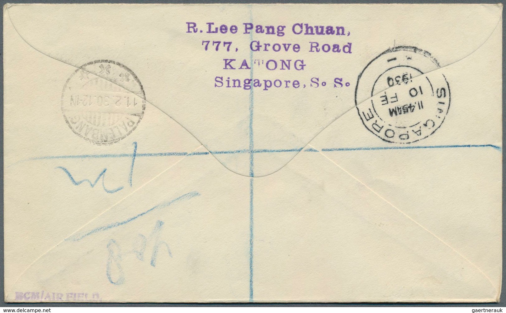 Singapur: 1930, Registered Airmail Addressed To Palembang With 35c And 1c (2) KGV Tied By KATONG SIN - Singapour (...-1959)