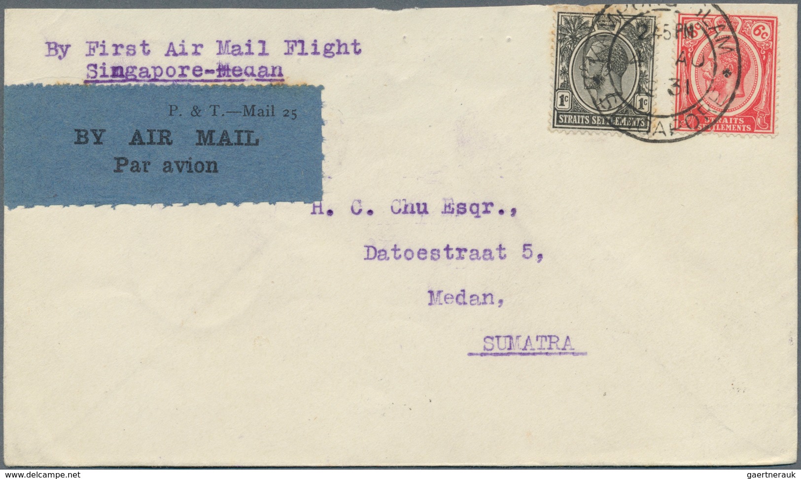 Singapur: 1931 (4.8.), First Flight Cover 'Singapore-Medan' Bearing Straits Settlements KGV 6c. Scar - Singapour (...-1959)