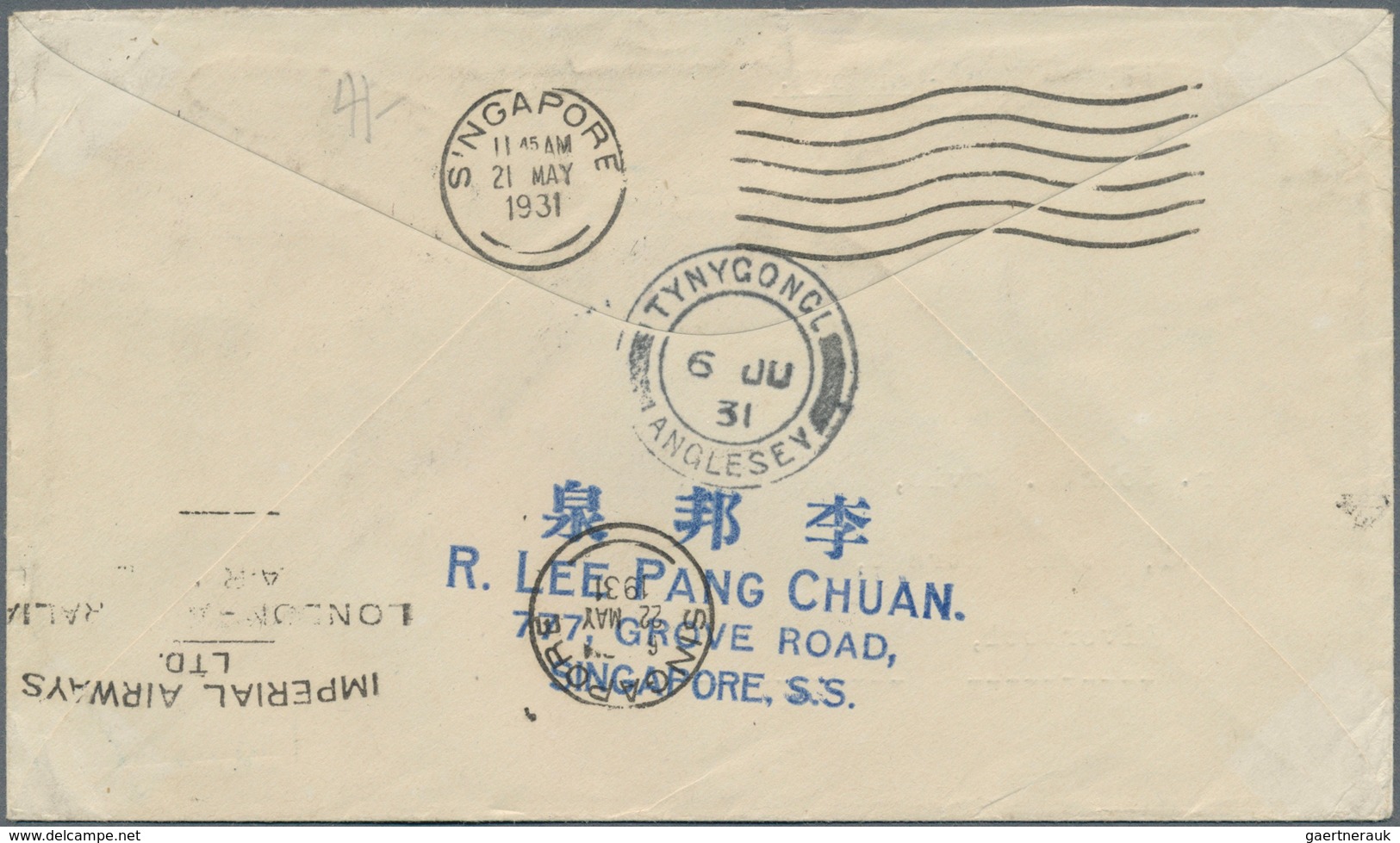 Singapur: 1931, 22 MY, "Second Imperial Airways Experimental Flight - Return Leg". Letter From Singa - Singapour (...-1959)