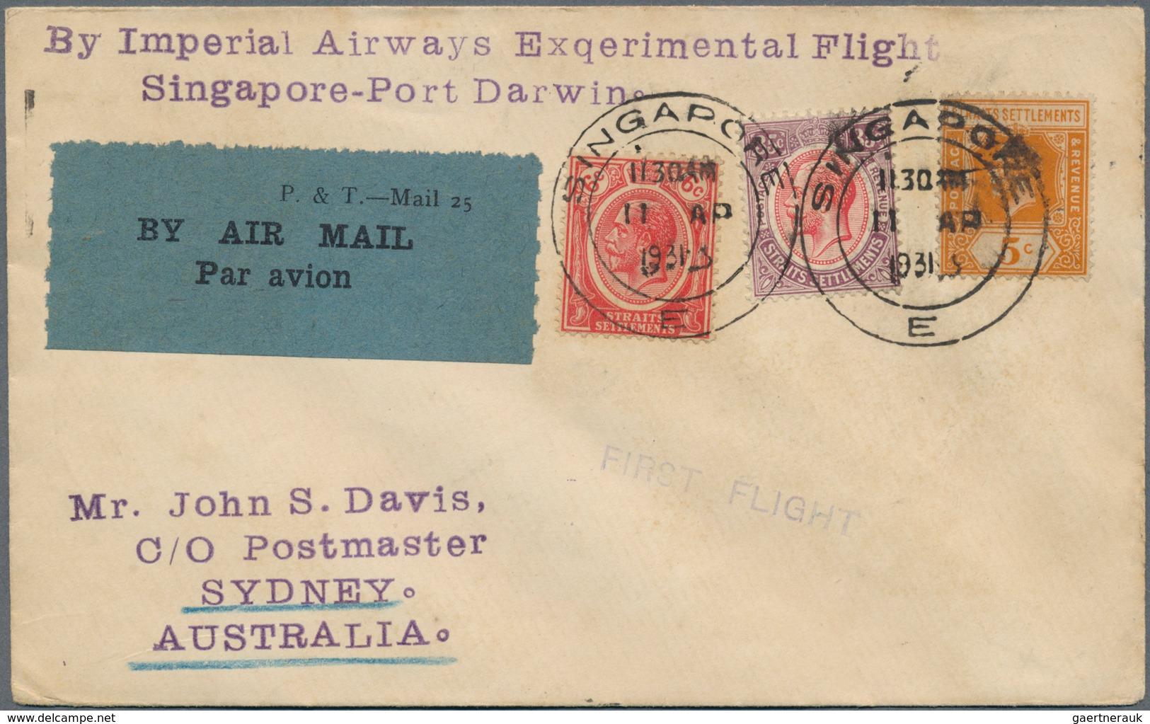 Singapur: 1931, 15 APR, "By Imperial Airways Experimental Flight Singapore-Port Darwin". The First E - Singapour (...-1959)