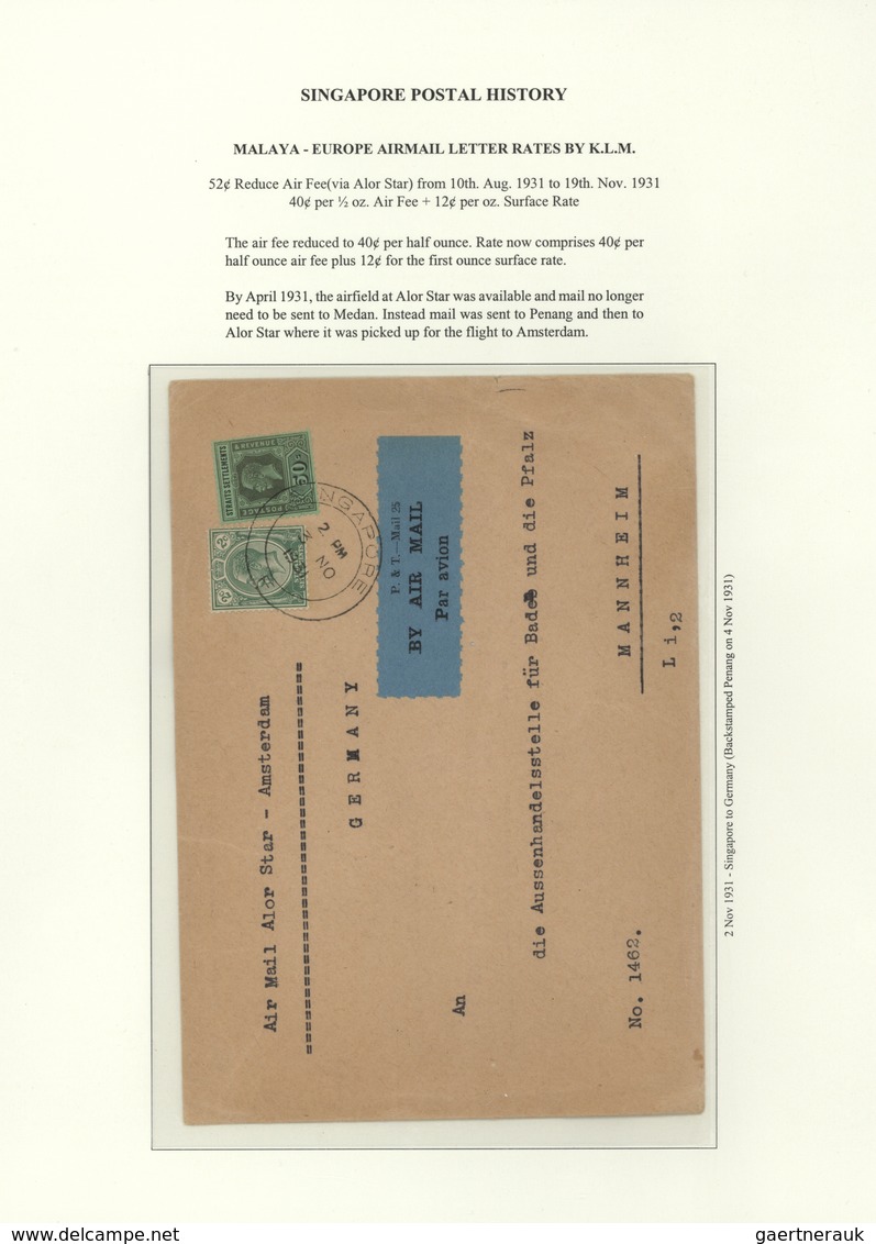 Singapur: 1931, Cover With Label "BY AIR MAIL" And 50 C. + 2c., Flown To Germany/Mannheim, 52c. Redu - Singapour (...-1959)