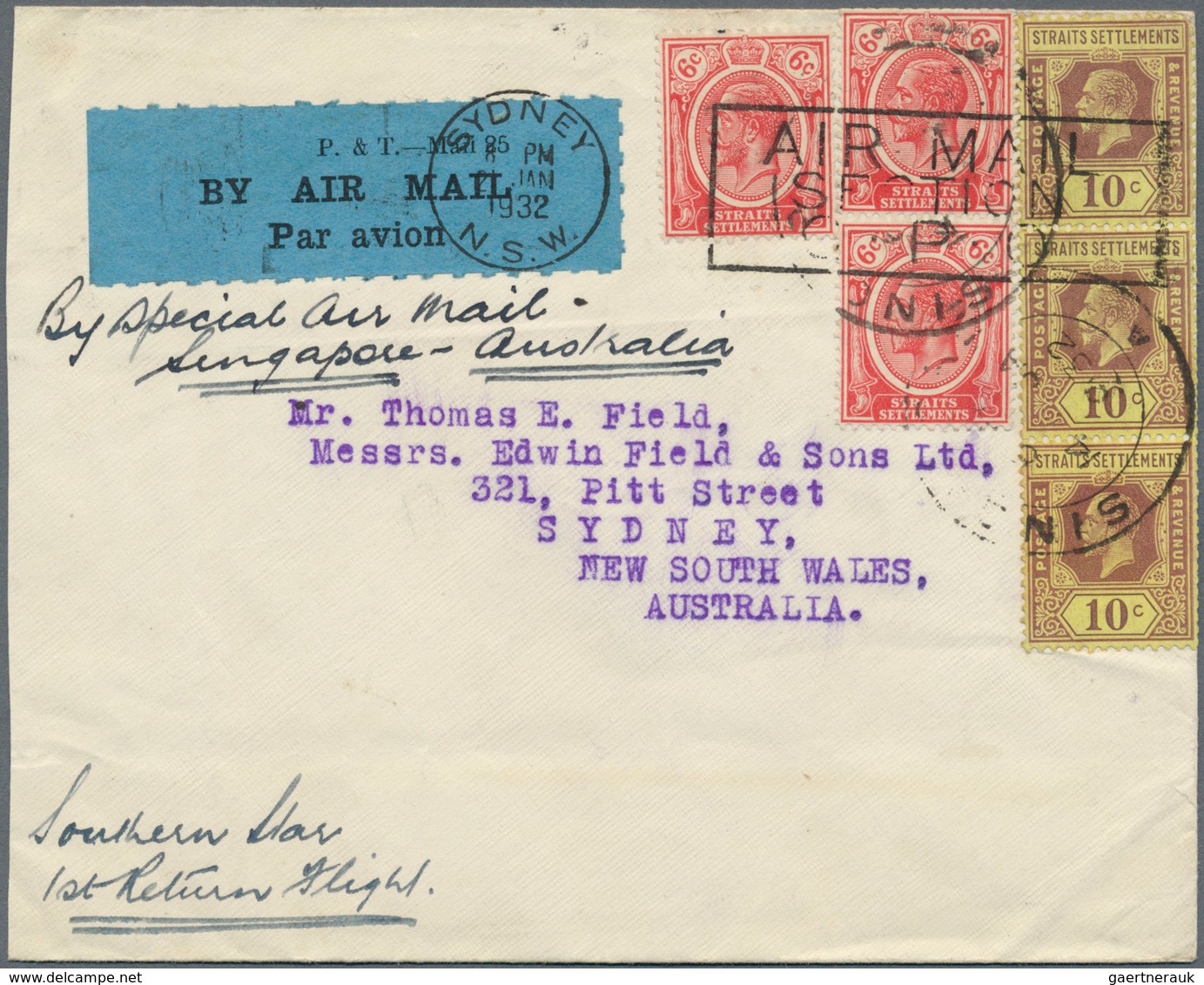 Singapur: 1932, 14 JAN, Airmail Letter With Special 46 C. Per 1/2 Oz Rate "Returun Of Christmas Flig - Singapur (...-1959)